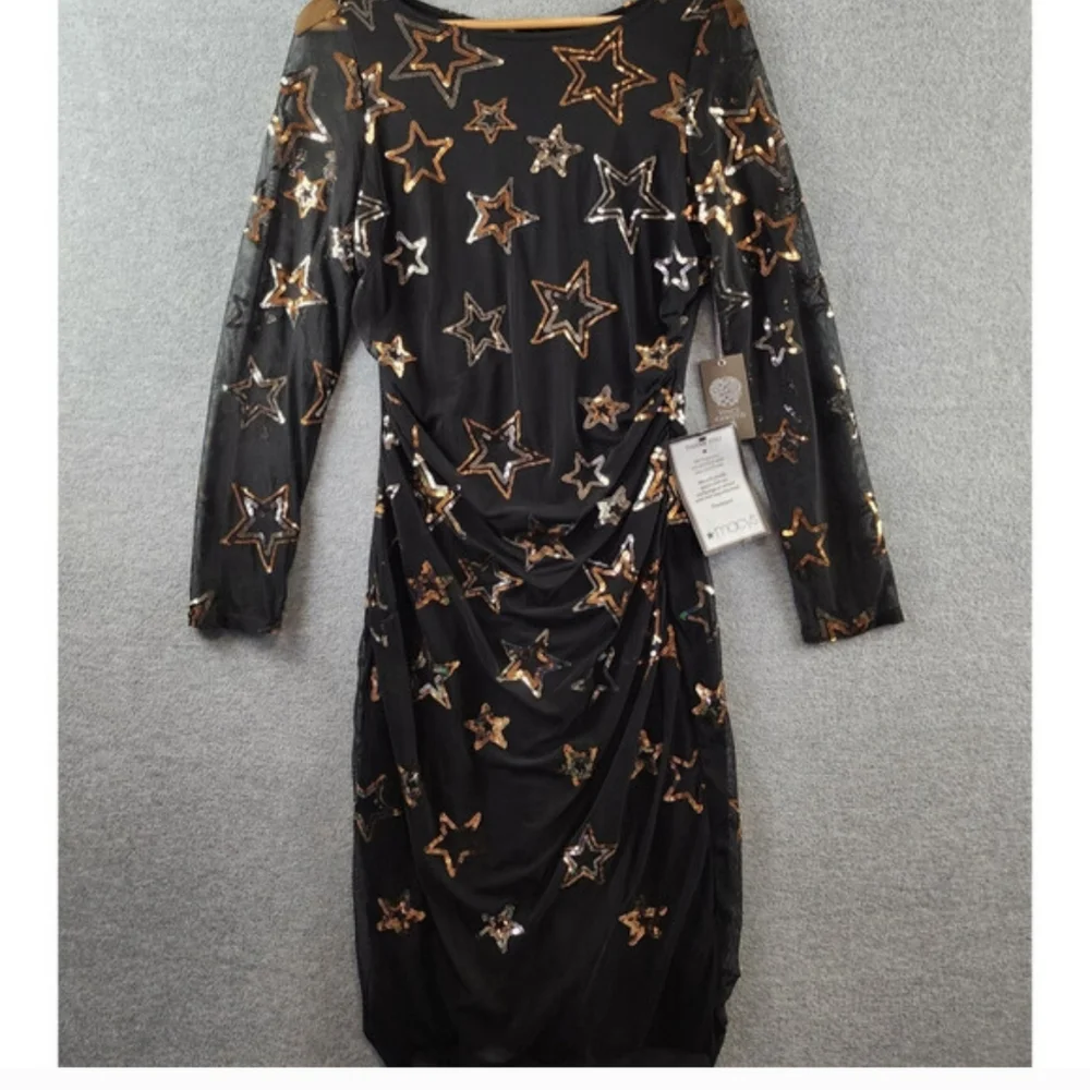 Vince Camuto NWT Black Sequin Star Mesh Dress 8 - Picture 6 of 8